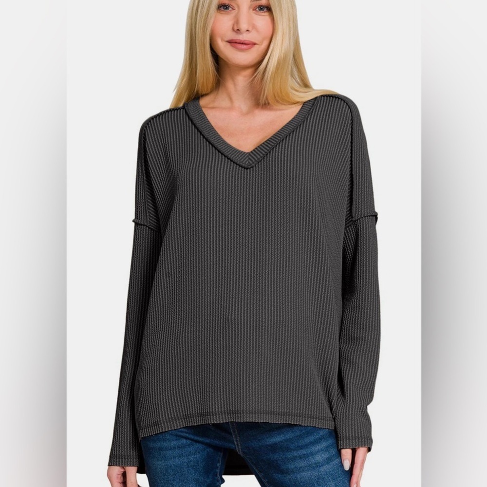 NEW Zenana Ribbed Exposed Seam V-Neck Long Sleeve  Top - Magenta